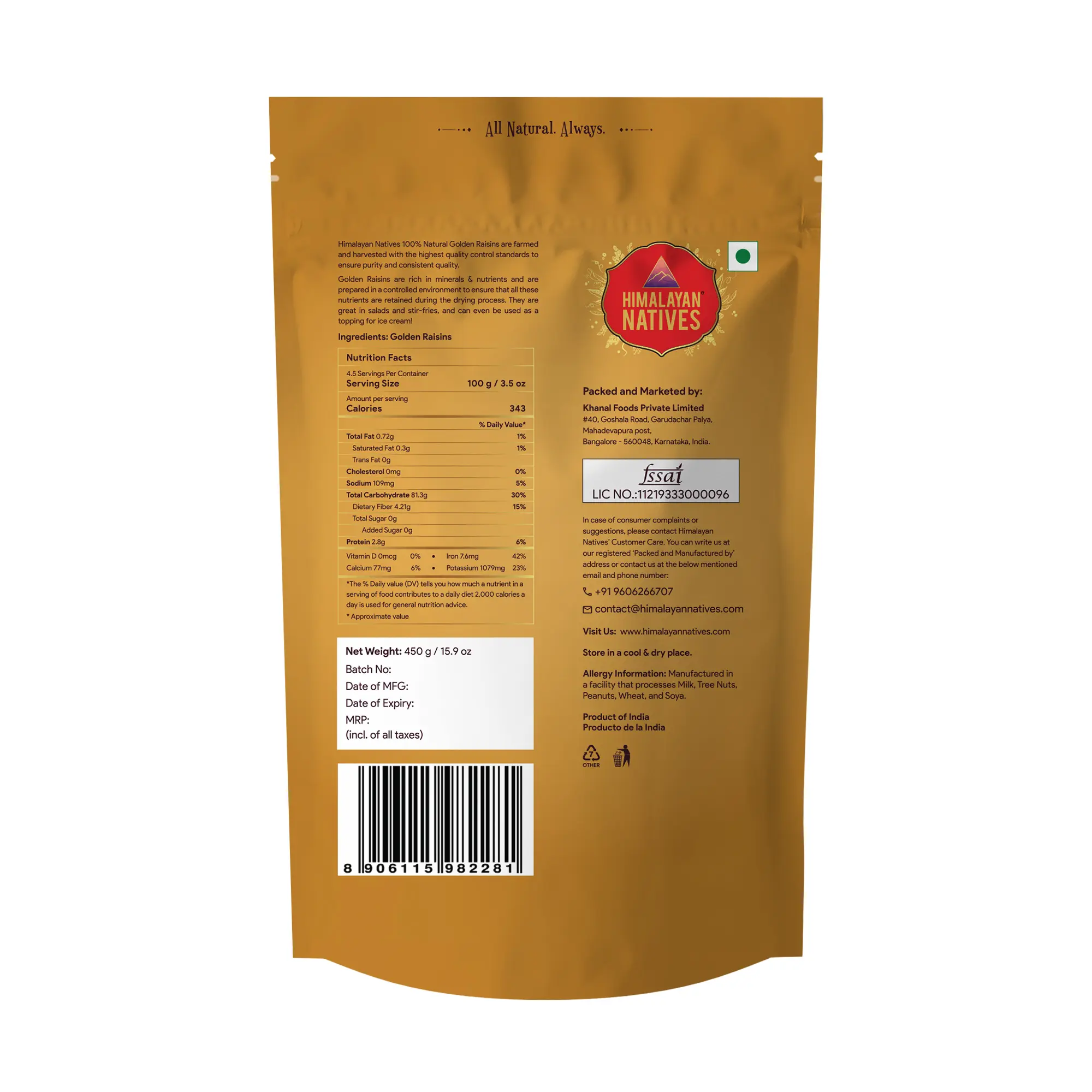 Product Specification - Golden Raisins