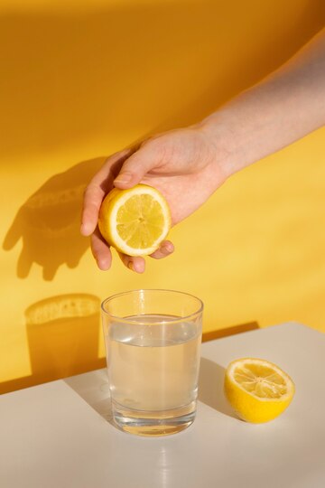 squeezing lemon into water glass