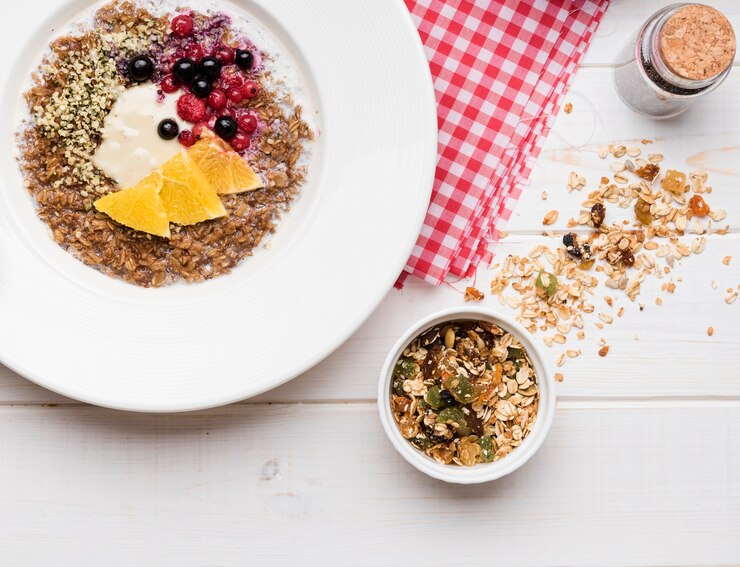 crushed seeds with slices orange fruit cereals