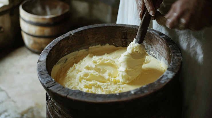 traditional churning in wooden barrel