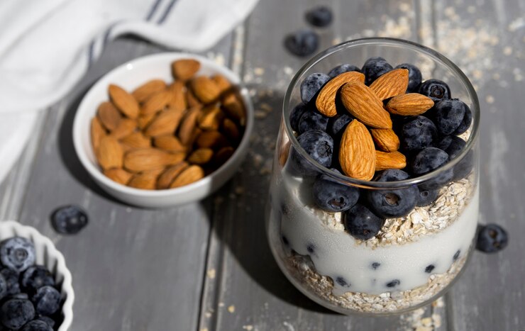 delicious healthy dessert with blueberry arrangement